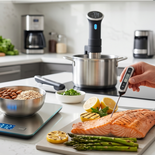 A curated lifestyle arrangement of RetailArk food tech products, featuring a smart wireless meat thermometer, a digital food probe, and a sleek portable USB-rechargeable blender on a modern kitchen counter.