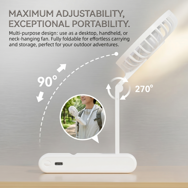Portable Neck Fan | Foldable Mini Desk Fan & Phone Stand | USB Rechargeable