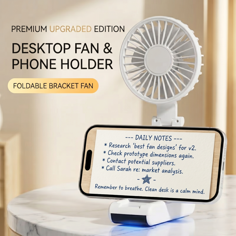 Portable Neck Fan | Foldable Mini Desk Fan & Phone Stand | USB Rechargeable