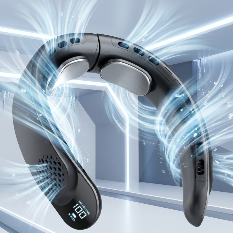 Diagram showing the 360-degree cooling wind path of the bladeless neck fan for rapid temperature reduction.