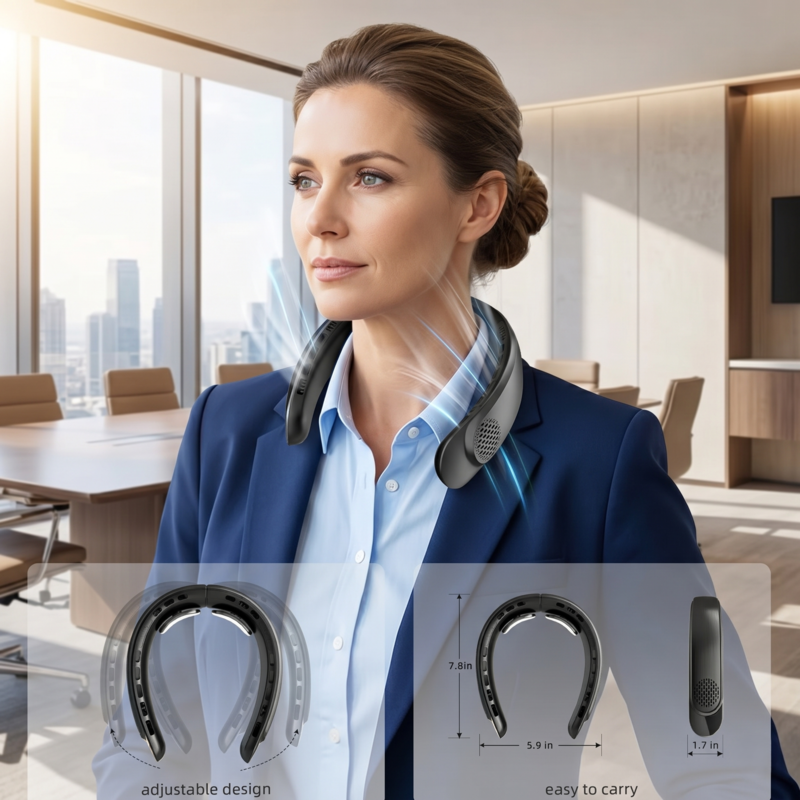 Professional woman wearing a grey portable neck fan in an office setting demonstrating the sleek, low-profile design.
