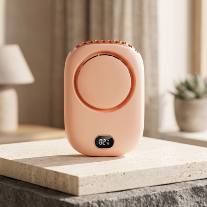 RetailArk portable fan in soft pink color featuring a rose gold trim and digital power indicator.