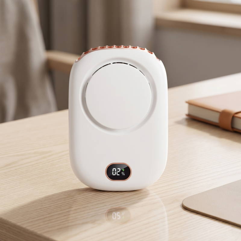 RetailArk portable mini fan in pearl white sitting on a wooden office desk.