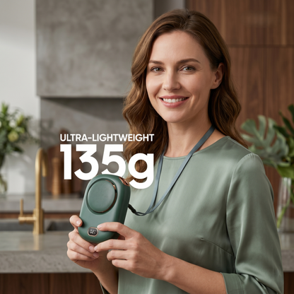 Woman wearing the lightweight 135-gram RetailArk fan around her neck to demonstrate portability.