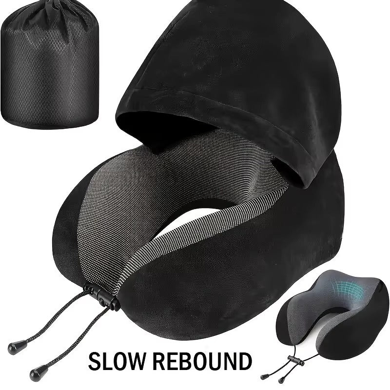 Memory Foam Hooded Travel Pillow | U-Shaped Neck Pillow for Airplane & Car | Ergonomic Neck Support for Pain Relief