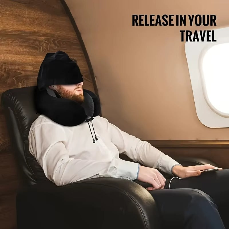 Memory Foam Hooded Travel Pillow | U-Shaped Neck Pillow for Airplane & Car | Ergonomic Neck Support for Pain Relief
