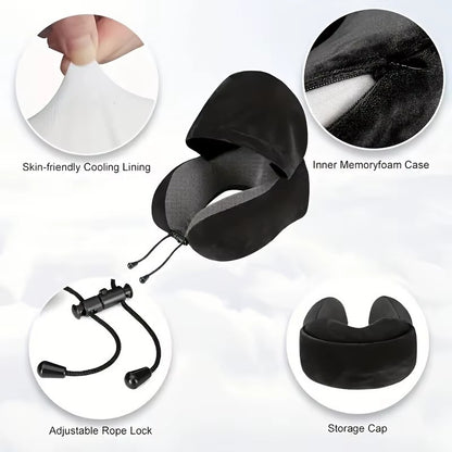 Memory Foam Hooded Travel Pillow | U-Shaped Neck Pillow for Airplane & Car | Ergonomic Neck Support for Pain Relief