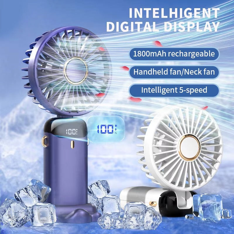USB Handheld Mini Fan | Foldable Portable Neck Hanging Fan | 5-Speed Rechargeable Fan | Built-in Phone Stand