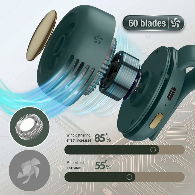 Technical diagram of the Mini Whirlwind portable fan showing the 60-blade internal turbine system for high-efficiency cooling.
