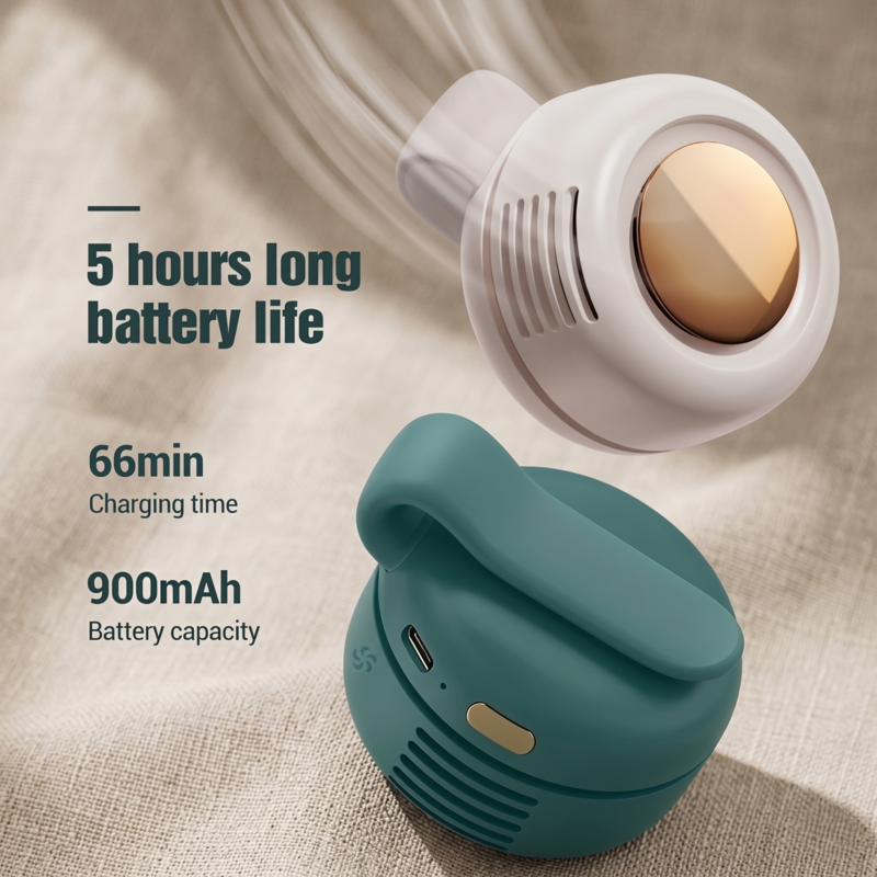 Infographic showing the 5-hour battery life and 900mAh capacity of the Mini Whirlwind portable charging fan.