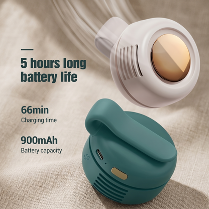 Infographic showing the 5-hour battery life and 900mAh capacity of the Mini Whirlwind portable charging fan.