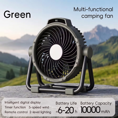 RetailArk 10000mAh rechargeable tent fan in Green with intelligent digital display and timer function.