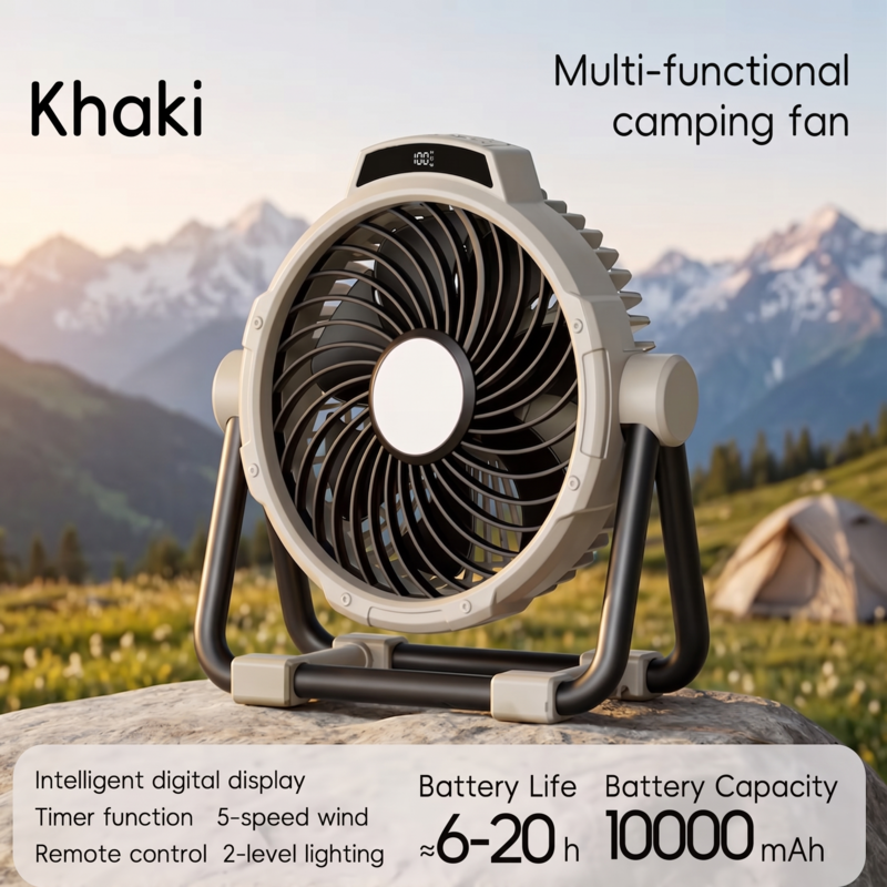 RetailArk multi-functional camping fan in Khaki with 10000mAh battery and 6-20 hour battery life.