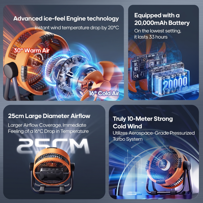 Technical specifications of RetailArk camping fan featuring 20000mAh battery and aircraft engine turbine technology.