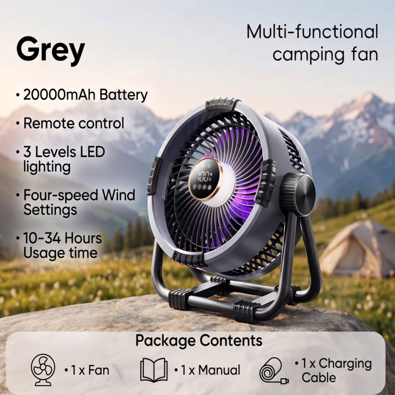 RetailArk high-capacity 20000mAh camping fan in Grey featuring 3 levels of LED lighting and remote control