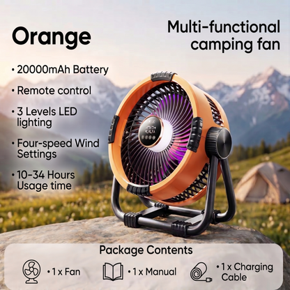 RetailArk portable outdoor fan in Orange with 20000mAh battery and four-speed wind settings.