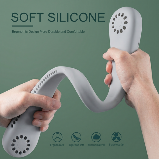 Hands demonstrating the soft silicone flexible design of the grey bladeless neck fan for ergonomic comfort.