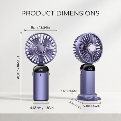 Technical diagram showing height and width dimensions of the RetailArk 5-speed foldable portable fan.