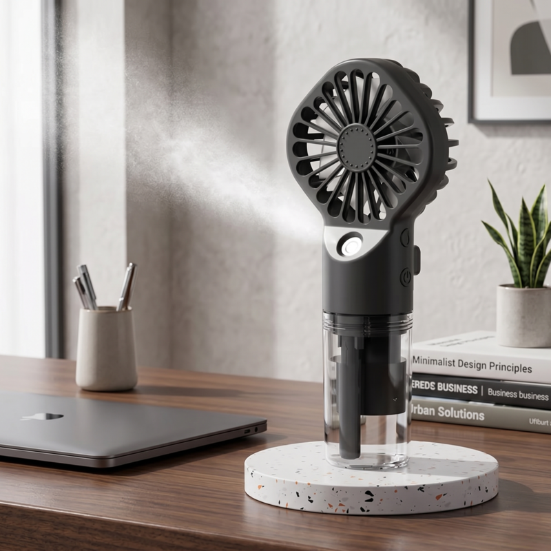 Black Retailark handheld mist fan with humidifier standing on a desk in an office setting.