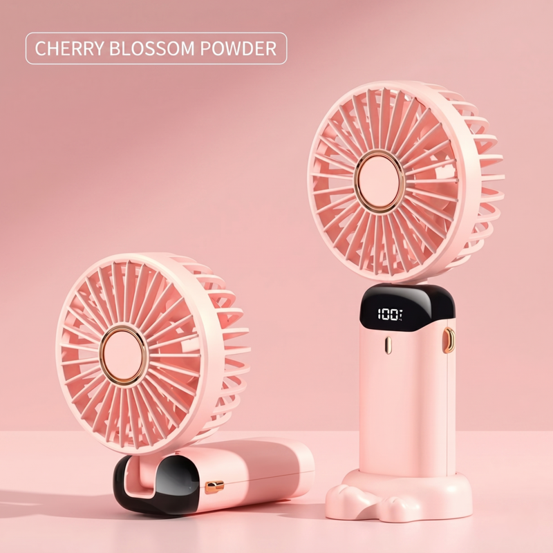 Cherry blossom pink RetailArk 5-speed rechargeable fan, compact and foldable design for easy storage.