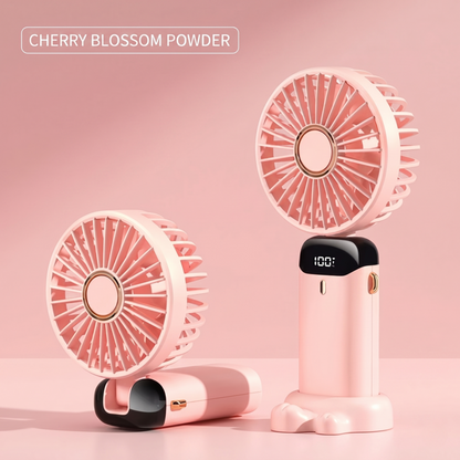 Cherry blossom pink RetailArk 5-speed rechargeable fan, compact and foldable design for easy storage.