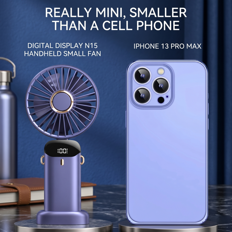 Size comparison of RetailArk mini fan showing it is smaller and more compact than a standard smartphone.