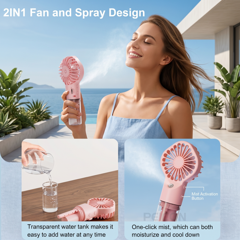 Retailark pink mini handheld mist fan showing the transparent water tank and facial spray usage.