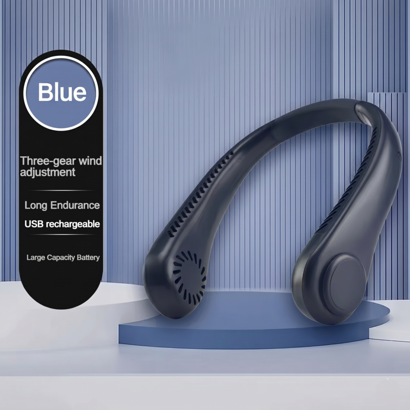 Blue 2026 new mini neck mounted fan featuring long battery endurance and lightweight design for outdoor sports.