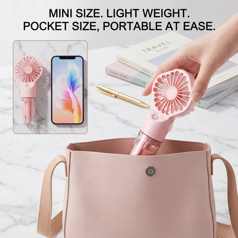 A hand placing the pink Retailark mini water spray hand fan into a small purse to show its portable size.
