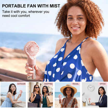 Woman holding a portable fan with mist feature by the ocean, with text highlighting its portability and cooling benefits.
