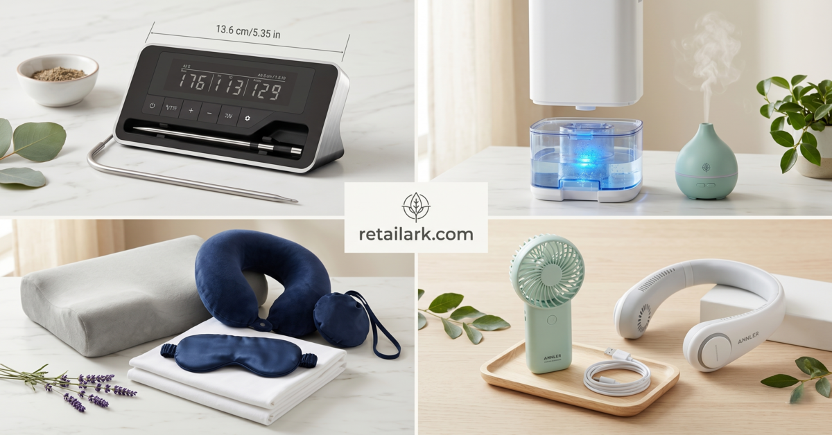 A curated collection of RetailArk products featuring a digital meat thermometer, an ultrasonic air humidifier with a tabletop diffuser, a luxury navy blue travel neck pillow and sleep mask set, and a portable handheld fan alongside a wearable neck fan.