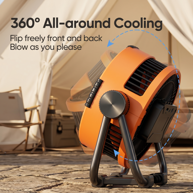 RetailArk portable outdoor fan showing 360-degree adjustable tilt for versatile cooling in a camping tent.