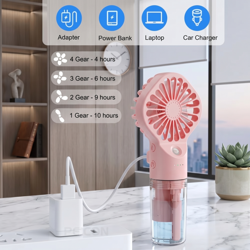 Retailark portable fan with humidifier connected to a USB power bank and laptop for charging.