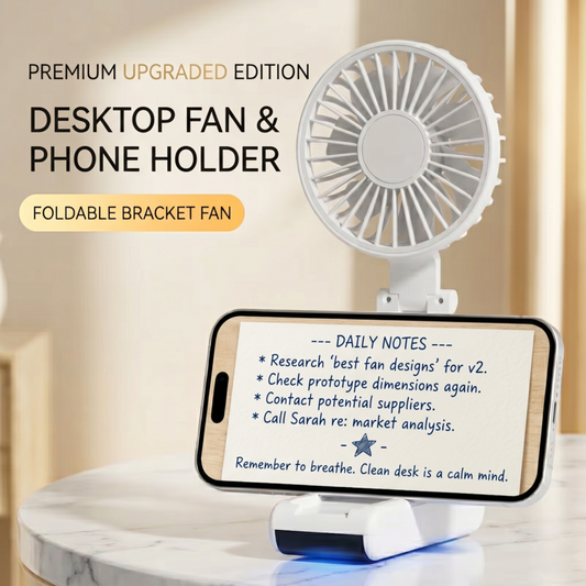 RetailArk Premium 3-in-1 portable neck fan and foldable desk fan acting as a smartphone holder on a white office desk.