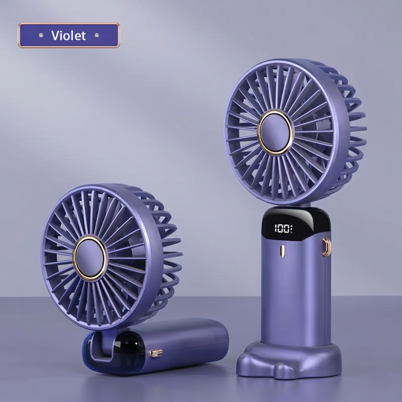 Violet purple RetailArk foldable portable neck hanging fan with built-in phone stand for travel comfort.