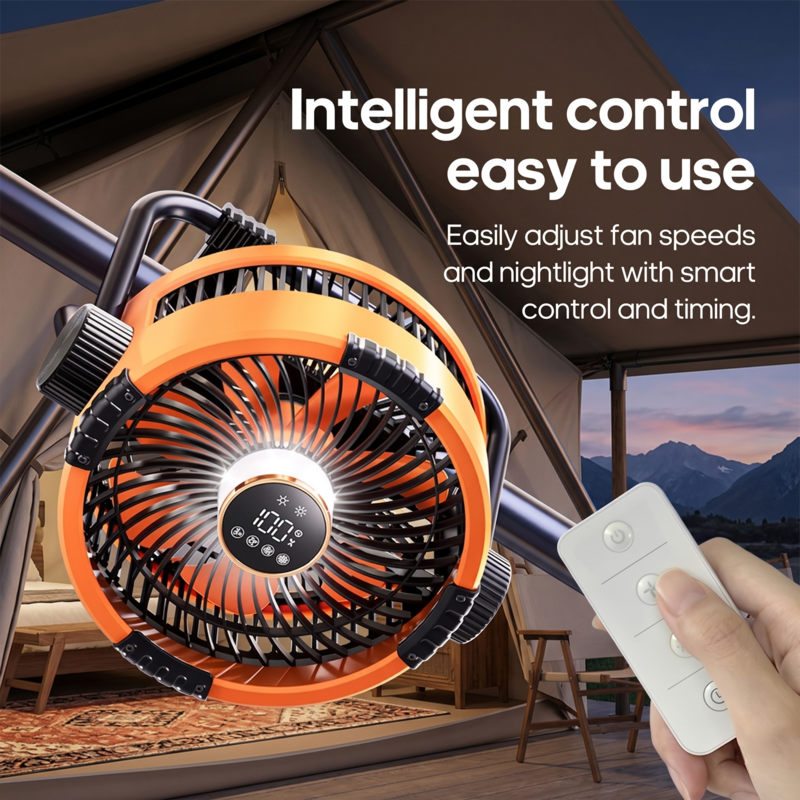Close-up of RetailArk rechargeable fan with digital display, remote control, and smart timing features.
