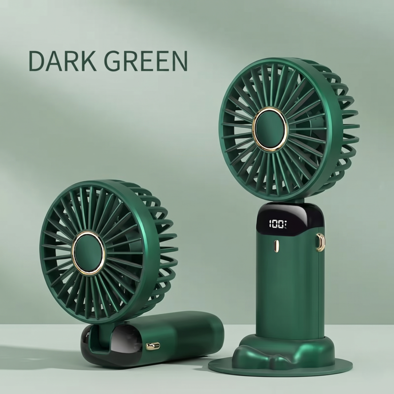 Dark green RetailArk USB handheld mini fan with long-lasting battery and adjustable airflow.