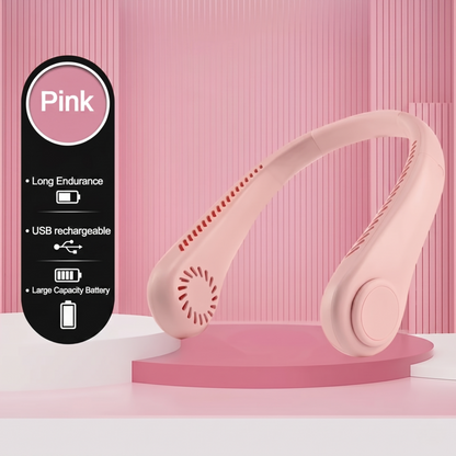 Pink hands-free rechargeable neck fan with large capacity battery and sleek modern beauty aesthetic.