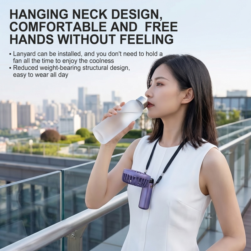 Woman wearing the RetailArk portable neck hanging fan outdoors for hands-free cooling during travel.